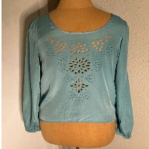 Exhilaration Green Cut Out Long Sleeve Boho Cottagecore Blouse Large